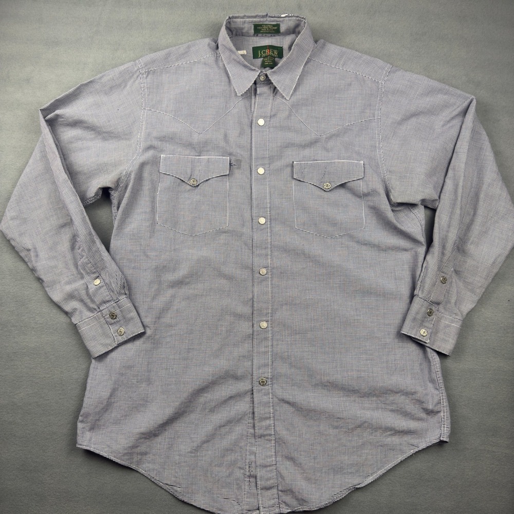 Vintage JCrew Outfitters Mens Western Pearl Snap Shirt Gingham Blue White USA L